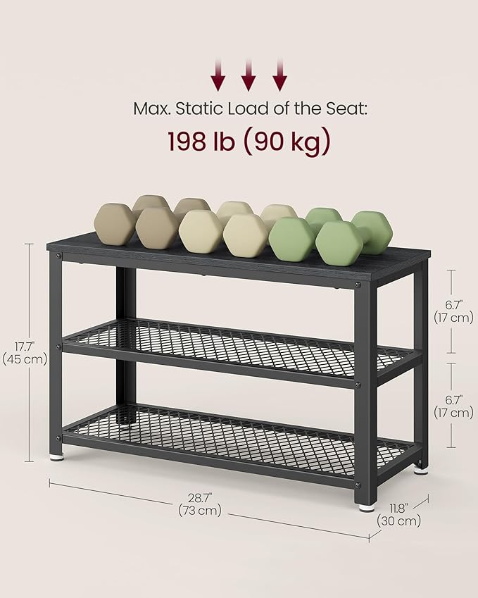 VASAGLE 3-Tier Shoe Rack, Shelf Storage Bench with Metal Mesh Shelves and Seat, Free Standing Shoe Organizer for Entryway, 11.8 x 28.7 x 17.7 Inches, Ebony Black and Black ULBS073B06