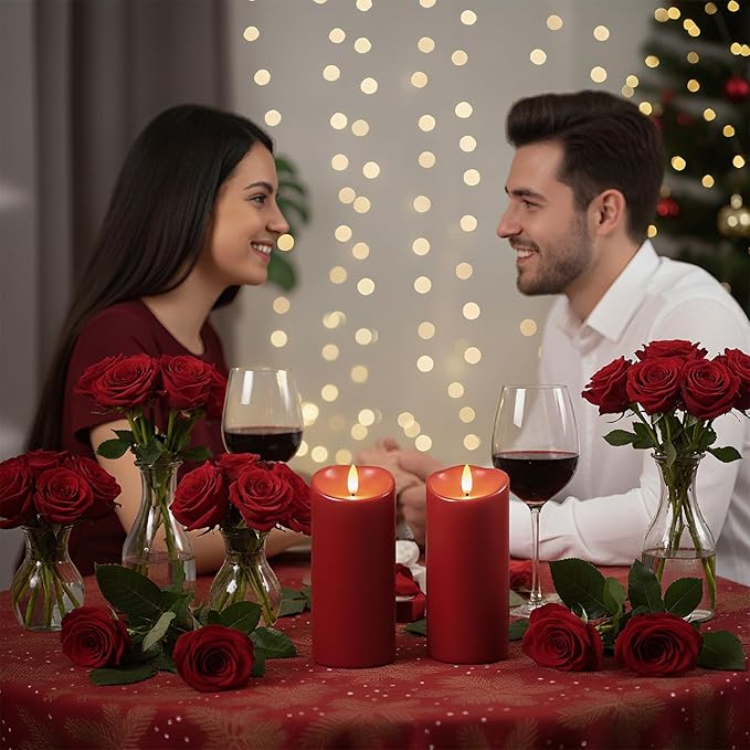 Raycare 8"x3" Outdoor Waterproof Flameless Candles with Remote and Timer, Battery Operated LED Electric Fake Pillar Candle for Valentine's Day, Home, Wedding Decor, Red, Set of 2
