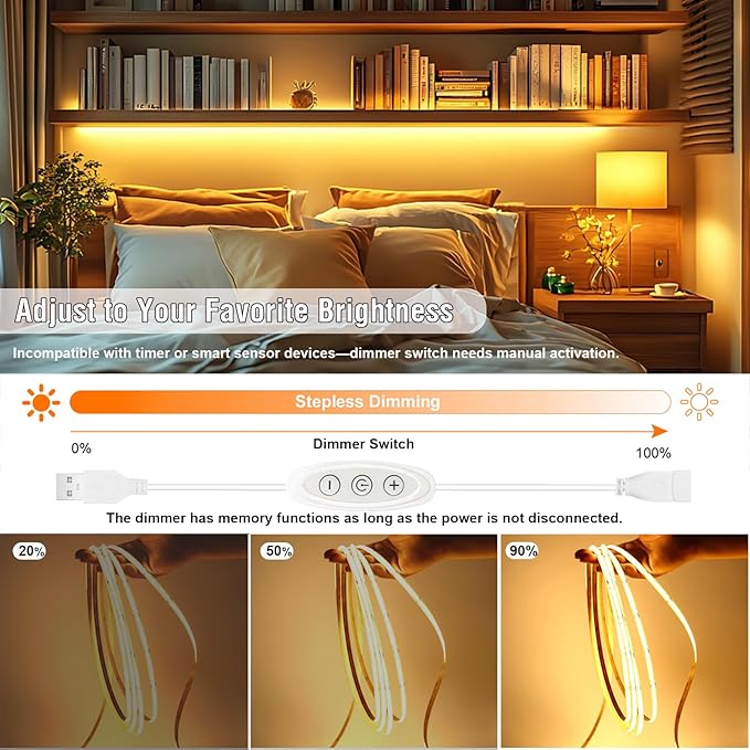 LED Strip Lights, 6ft Warm White COB Light Strip, USB Powered Dimmable 2700K, CRI92+, Flexible Cuttable for TV Backlight, Cabinet, Bedroom