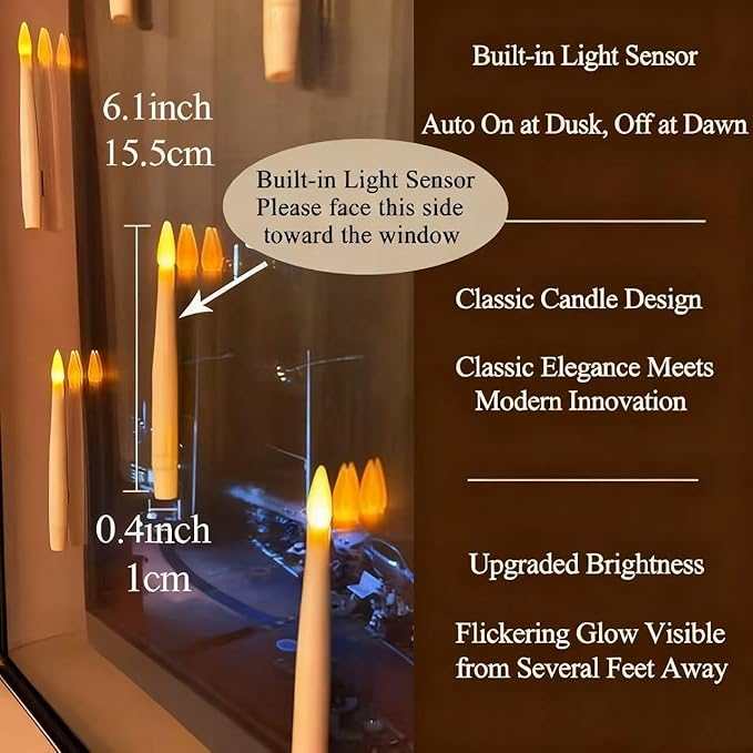 JMTONE 14PC Window Candles with Light Sensor Dusk to Dawn, Window Candles Battery Operated with Nano Adhesive Strip, 6.1" Flameless Taper Candle for Halloween, Christmas, Xmas Holiday Home Decor