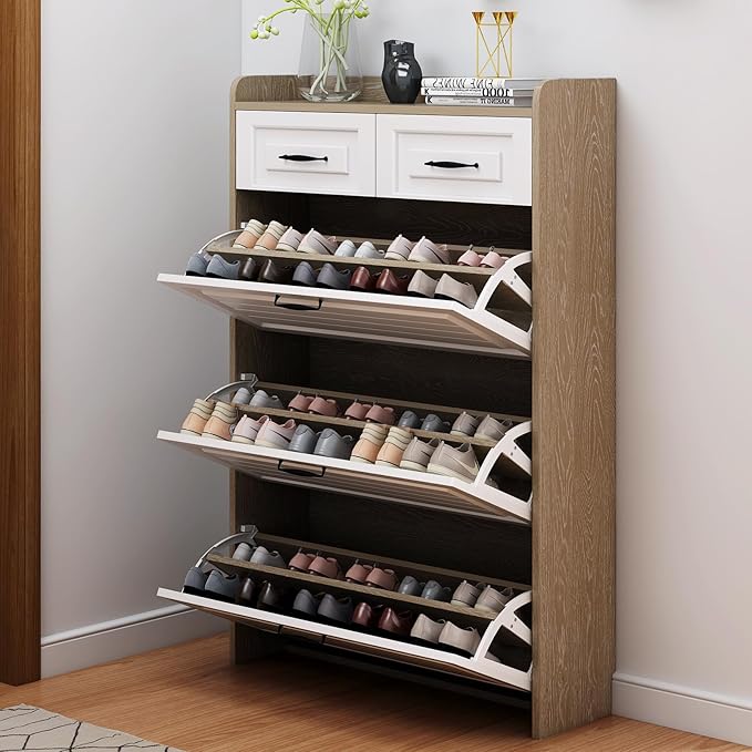 Narrow Shoe Cabinet with 2 Slide Drawers & 3 Flip Drawers, Modern Freestanding Shoes Rack Storage Organizer with Open Top for Entryway, Hallway, Bedroom, Mudroom (Brown)