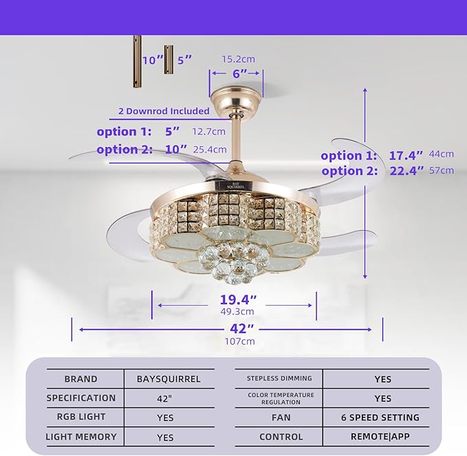 BAYSQUIRREL Retractable Crystal Ceiling Fan with Light, Bluetooth Ceiling Fan with Speaker, RGB-LED Light 6 Speed Reversible Low Profile Modern Invisible Ceiling Fan,Remote and APP Control