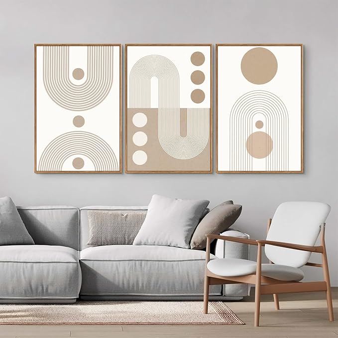 YeeHomedec Boho Beige Framed Canvas Wall Art, Mid Century Modern Wall Decor, Bohemian Abstract Minimalist Artwork, Neutral Geometric Line Art Painting for Living Room Bedroom Office 24"x36"x3