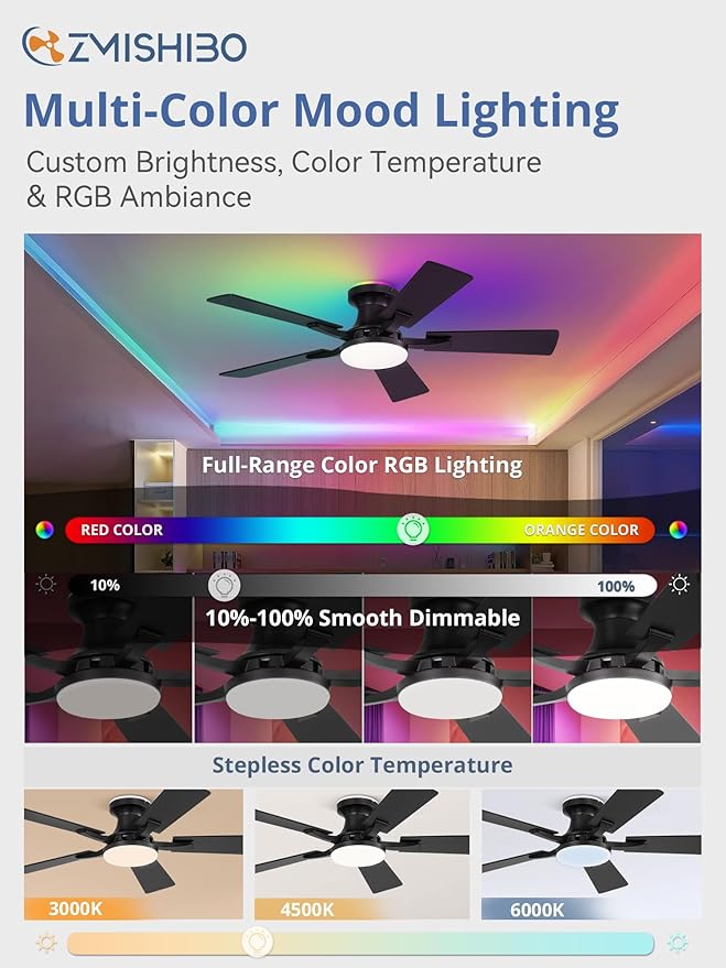 ZMISHIBO 42 Inch Ceiling Fans with RGB Lights, Low Profile Flush Mount Ceiling Fan with Alexa/App/Remote, Dimmable 20W LED Light, Black Modern Fan for Living Room, Bedroom, Game Room