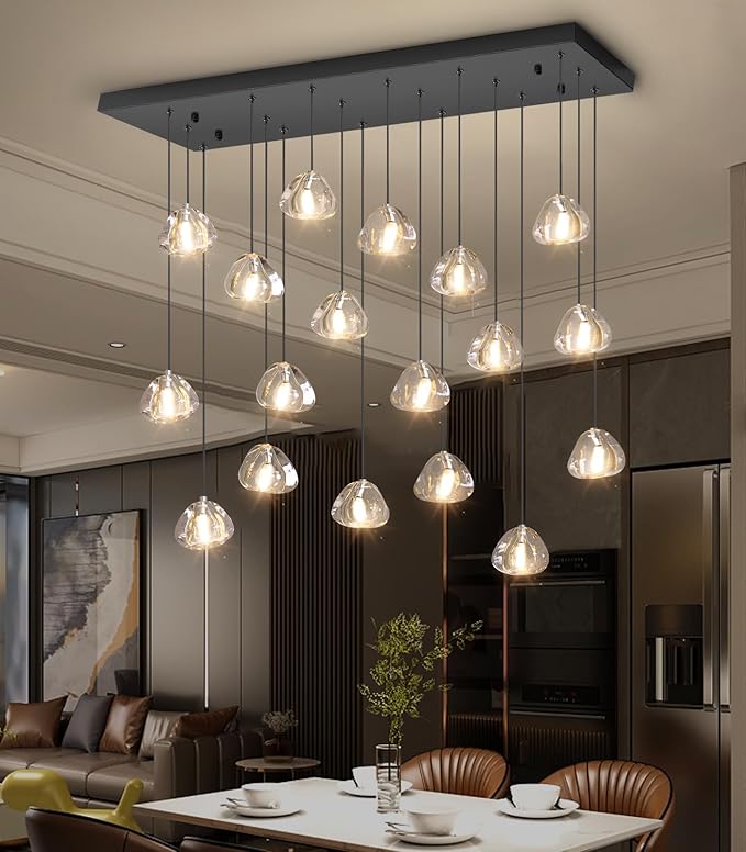 W35 x D11.8 x H118 Rectangular Chandelier Bubble Crystal Balls Glam Chandeliers Dimmable Light High Ceiling Pendants Light Fixtures Adjustable Long Lights Black