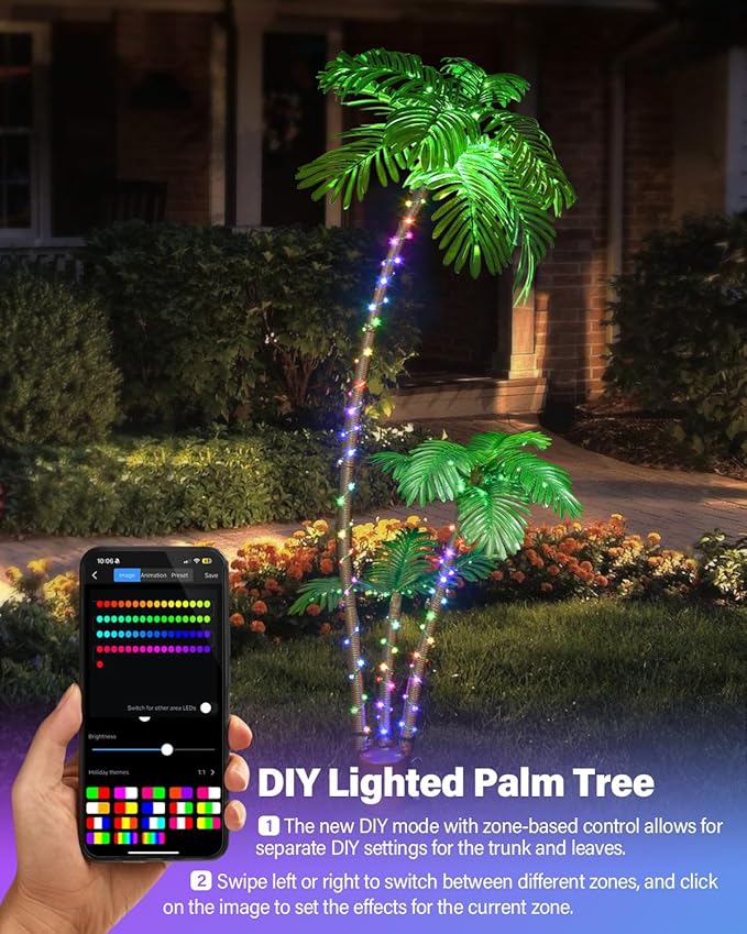 Smart Lighted Artificial Palm Tree 6 Feet for Tiki Bar Outside Patio, RGB Color Changing Christmas Tree 208LED, DIY Light Show, Music Sync Light up Pool Yard Tropical Fake Plant Light Indoor Decor