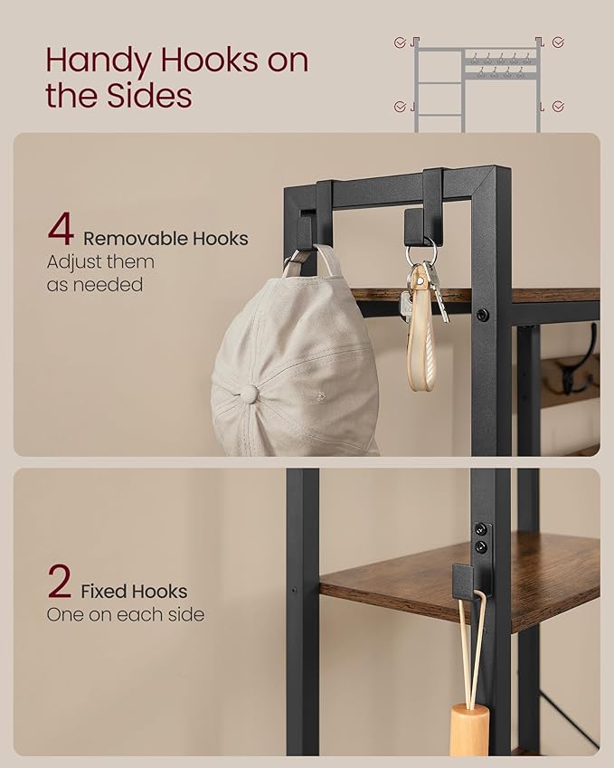 VASAGLE Hall Tree with Bench and Shoe Storage, Entryway Coat Rack with Shoe Bench, 5 Storage Shelves, 9 Coat Hooks, 6 Side Hooks, 15.7 x 47.2 x 74.8 Inches, Rustic Brown and Ink Black UHSR426B01