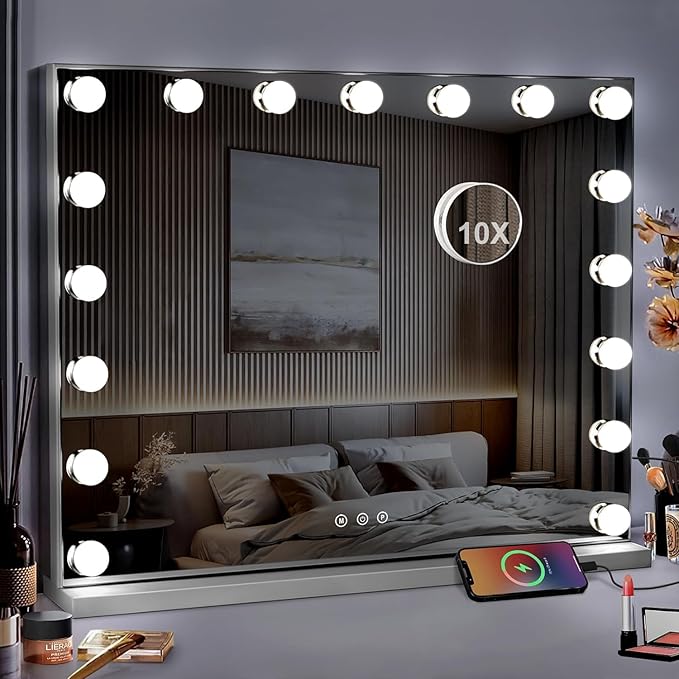 Vanity Mirror with Lights -17 Bulbs, 25" x 21" Large Hollywood Vanity Mirror, 10X Magnifying, 3 Colors Modes, Touch Control Mirror with Lights, Tabletop or Wall-Mounted, USB Charging Port