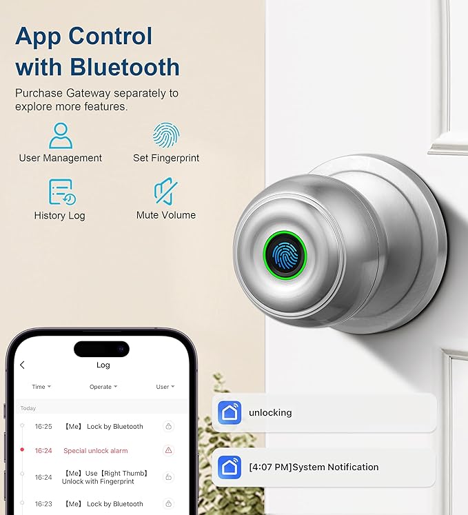 Fingerprint Door Lock, Smart Fingerprint Door Knob with Lock, Biometric Door knob with App Control & Key, Keyless Thumbprint Entry Door Lock for Bedroom, Front Door, Home, Apartment -Satin Nickel