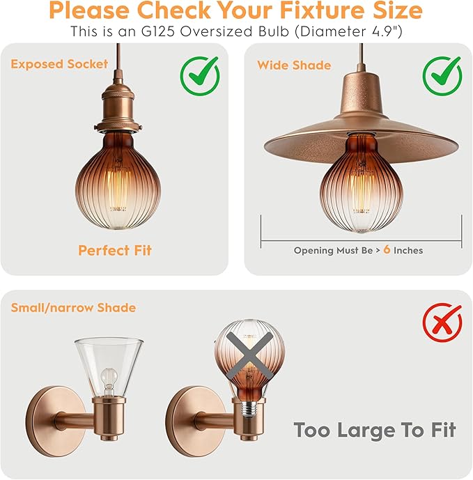 Vintage Edison LED Bulbs, Dimmable 4W Globe G125, 2200K Warm White Ambient Mood Lighting for Decoration, Squirrel Cage Filament, Gradient Brown Striation Figure Glass LED Light Bulbs, E26 Base
