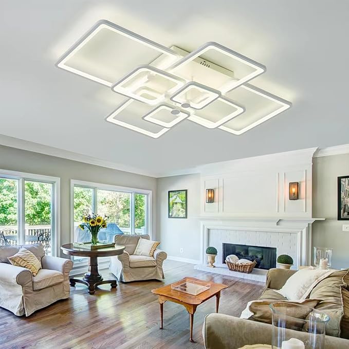 Modern LED Ceiling Light,41.7in White Modern LED Ceiling Light Dimmable for Living Room,8 Square Frame Acrylic with Remote Ceiling Lamps for Kitchen Bedroom Dining Room