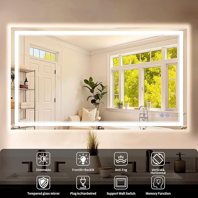 36"x55" LED Bathroom Mirror with Lights, Anti-Fog, Backlit + Front Lit, Dimmable, Led Vanity Mirror for Wall, Lighted Bathroom Mirror, 3 Colors, Shatter-Proof Tempered Glass