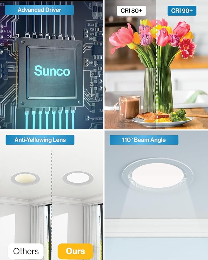 Sunco 12 Pack 6 Inch LED Recessed Light, Ceiling Canless Recessed Lights, Baffle Trim Ultra Thin, 850 LM, 14W, 4000K Cool White, Dimmable, Wafer Thin with Junction Box.