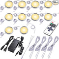 Round LED Puck Lights, Liquor Under Cabinet Accent Light Kit, 110 Volt Hard Wire & Plug in, Daisy Chain Linkable, Wireless RF Remote Control Dimmable, White Cords, Warm White, 10 Lights