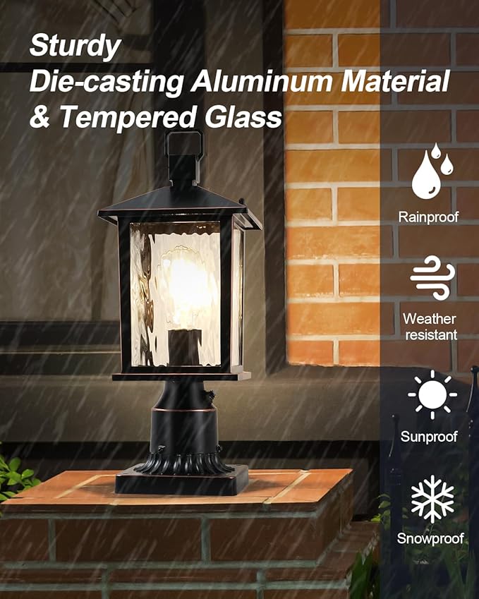 Dusk to Dawn Outdoor Post Light, Hardwired Oil-Rubbed Bronze Pole Lantern with Pier Mount Base, Water Ripple Glass, 17'' Waterproof Lamp Post Light Fixture for Driveway, Pathway, Yard