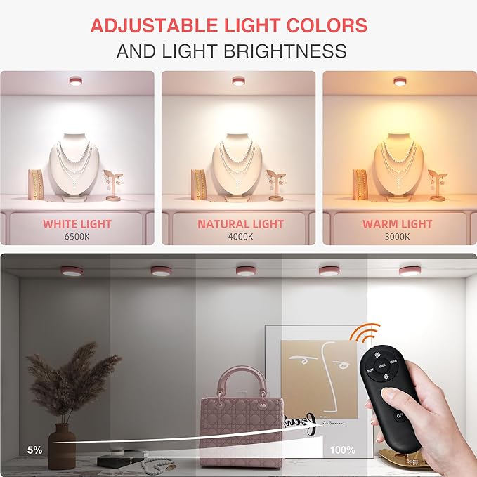 Rechargeable Puck Lights with Remote Control,LED Under Cabinet Light with Full-Screen,3 Color Temperatures Stick On Light Wireless, Tap Lights for Kitchen,Cabinet,Counter,Closet,Shelf,2 Pack, Pink