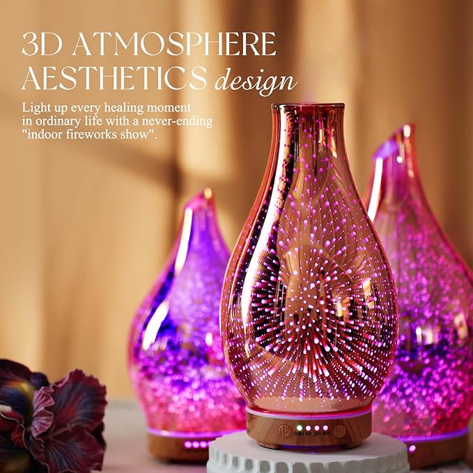 Porseme Essential Oil Diffuser 3D Glass Aromatherapy Ultrasonic Humidifier Cool Mist, Auto Shut-Off, Timer Setting, BPA Free for Home Office Hotel Yoga Gym Leisure SPA Gift 100ml