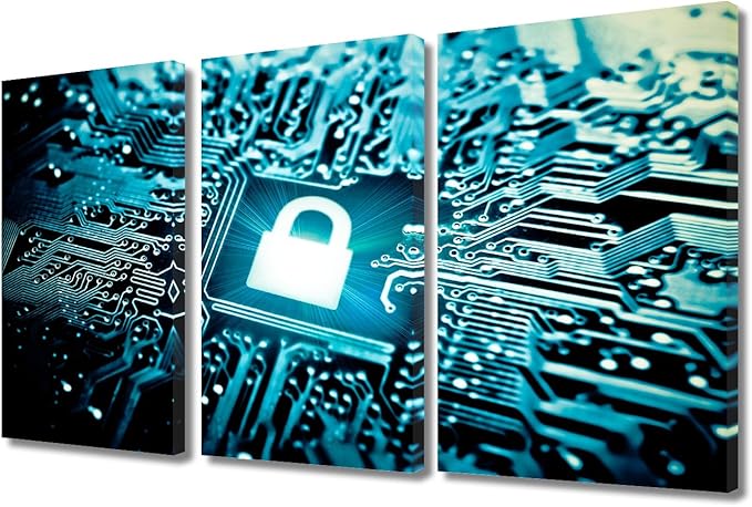TUMOVO Security Lock Symbol Wall Pictures for Living Room Wall Decoration AI Intelligence Wall Art Large Wall Decor AI Canvas Wall Art 3 Pieces Artwork Wall Decor Framed Ready to Hang, 36" Wx24 H
