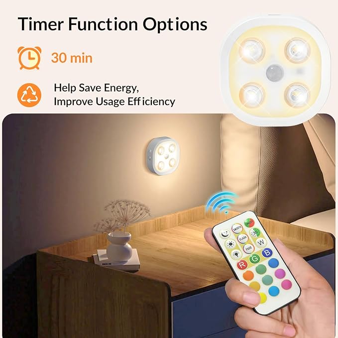 Puck Lights with Remote, 13 Colors Rechargeable Night Light, 1500mAh Under Cabinet Motion Sensor Lighting with Multicolor and Timing Function, RGB Puck Lights for Cabinets Kitchen, Stairs (4P）