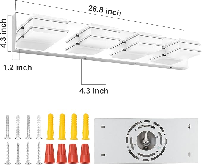 3 Color Temperature Dimmable Vanity Lights for Bathroom, LED Chrome 4 Light Vanity Light Fixtures, Acrylic Stainless Steel Square Shade Bathroom Light Fixtures Over Mirror, ETL Certificated
