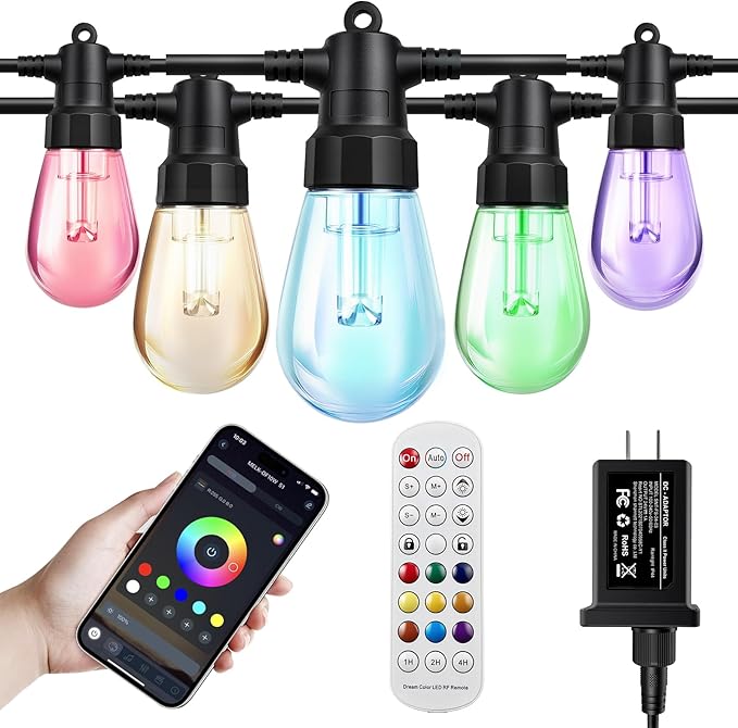 Outdoor String Lights 96ft(2×48ft), Patio Lights with 30 Dimmable LED Bulbs, RGBW & Warm White, IP67 Waterproof, Shatterproof, APP & Remote Control, Color Change, Customizable for Backyard