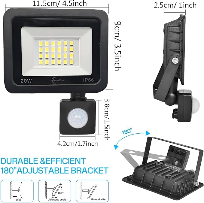 HANNANHONG Motion Sensor Flood Lights with Plug in, PIR Slim Design, 6500K Daylight, Outdoor IP66 Waterproof,Auto ON/Off Intelligent Security,Work Light for Garage Yard Patio Pathway Porch (20W)