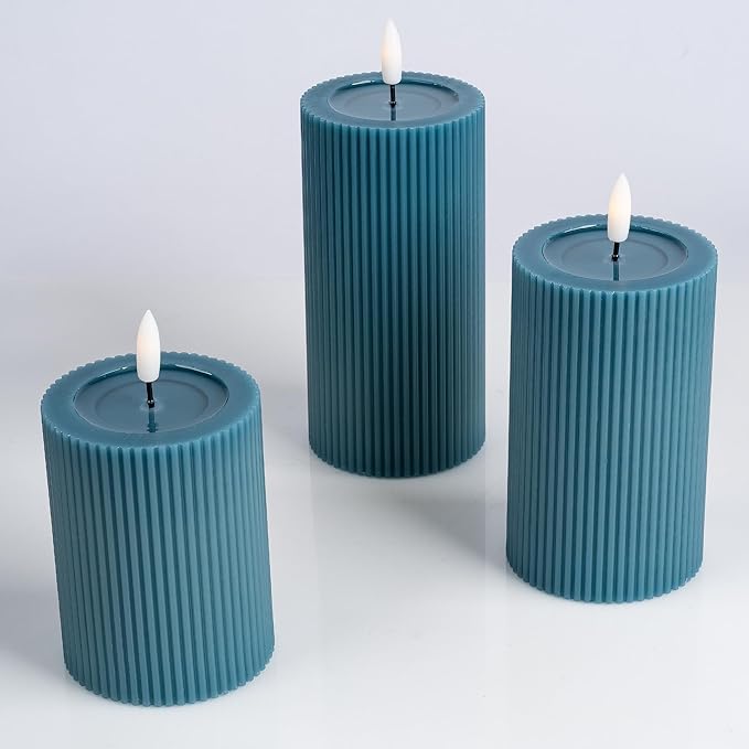 WYZworks Fluted Ribbed LED Pillar Candles, Blue, with Realistic Reflective Melted-Wax Effect – Flickering Flame, Remote, Dimmable, Flameless, Battery Operated, Home & Wedding Decor (Set of 3)