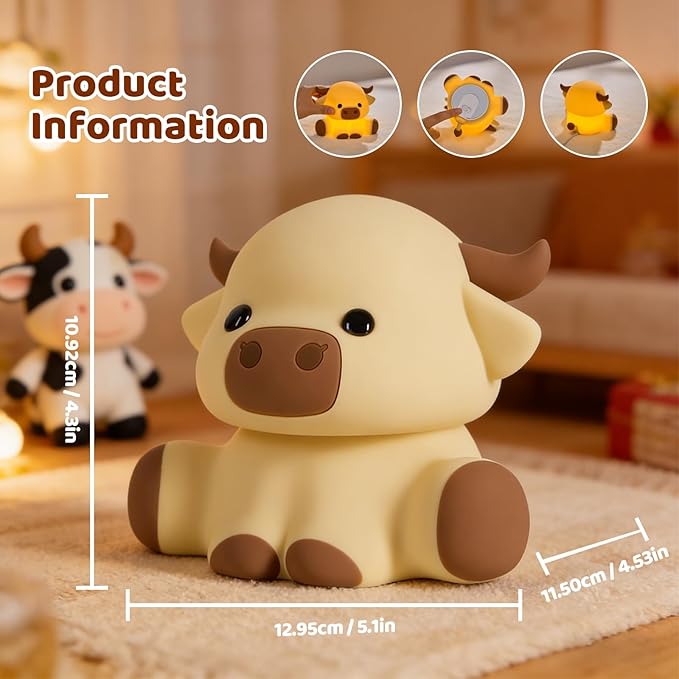 Cute Highland Cow Night Light, LED Touch Silicone Lamp for Bedroom with 7 Colors Timer and Dimmable Squishy Warm Light Night Lights, Rechargeable Animal Lamp for Bedroom Decor Birthday Gift