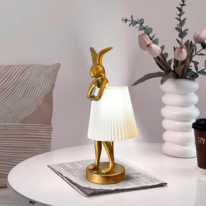 Cordless Rabbit Table Lamp Rechargeable LED 5000mAh, 15.7” Cute Decorative Night Light with Linen Shade & Gold-Tone Bunny Design, Portable Touch Dimmable Bedside Lamp for Bedroom, Home Decor (White)