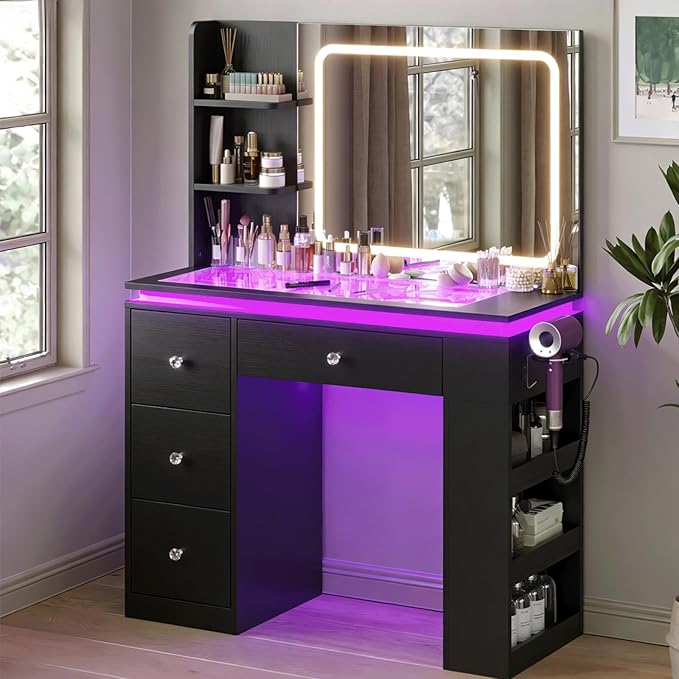 Black Vanity Desk with Illuminated Mirror & Power Outlet, Bedroom Dresser LED Mirror Stepless Dimmable & 3 Color Modes Adjustable RGB Drawers, for Women Girls Bedroom（Pure Black