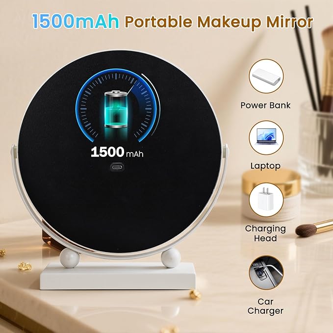 Travel Makeup Mirror, 9" Small Vanity Mirror with Lights, 1500mAH Battery, 3-Color Lighting, Dimmable, 360° Rotation, Round Portable Desk Mirror, Travel Essentials (White)