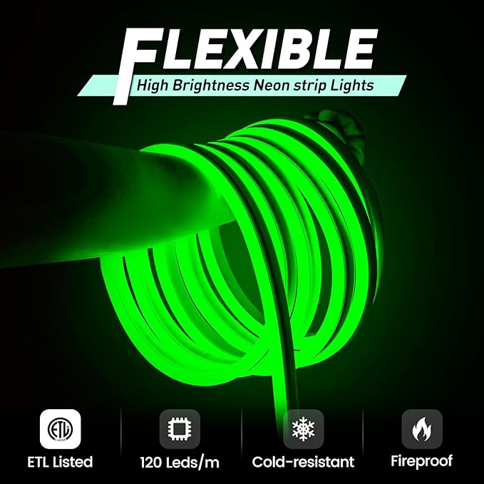 GZBtech Flexible LED Neon Rope Lights 16.4FT, 110-120V Waterproof Strip Light,120 LEDs/M Cuttable Connectable Neon Lighting for Indoor Outdoor Home Decor/Commercial Building Use-Green 5M, ETL Listed