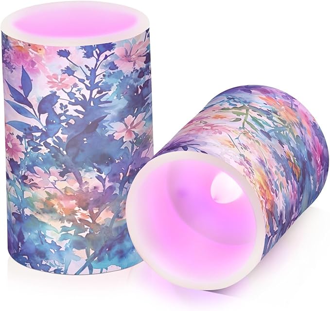 Watercolour Blue and Pink Flowers Flameless Candles Color Changing LED Candles with Remote Control Battery Candles for Outdoor and Indoor Home and Room Decoration, 3'' x 4''/5'' Set of 2 Pieces