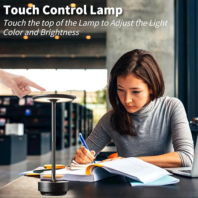 Cordless LED Table Lamp, Rechargeable Touch Control Desk Lamp Battery Operated Nightstand Night Light with Dimmable Brightness for Living Room, Home Office, Restaurant (Black)