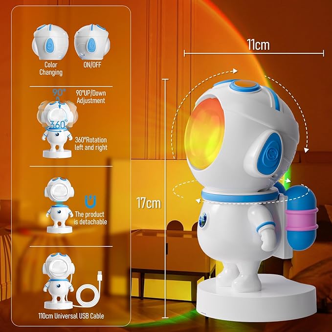 Astronaut Sunset Lamp Projector,720° Rotation Magnetic Head LED Night Light,Endless Colors Aesthetic Mood Lighting for Room Decor,Sunset Light for Tiktok,Party,Photography,Space Gifts for Kids/Adults