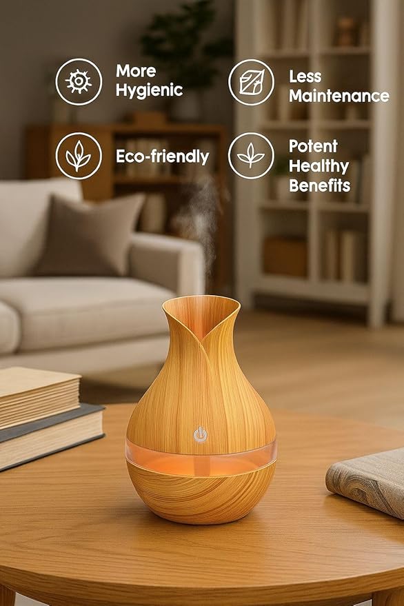 300ML Air Humidifier & Aroma Diffuser Home Fragrance Room Decor Essential Oil Diffuser Humidifiers for Bedroom Cool Mist 7 LED Light Car Air Freshener (Light Wood-1)