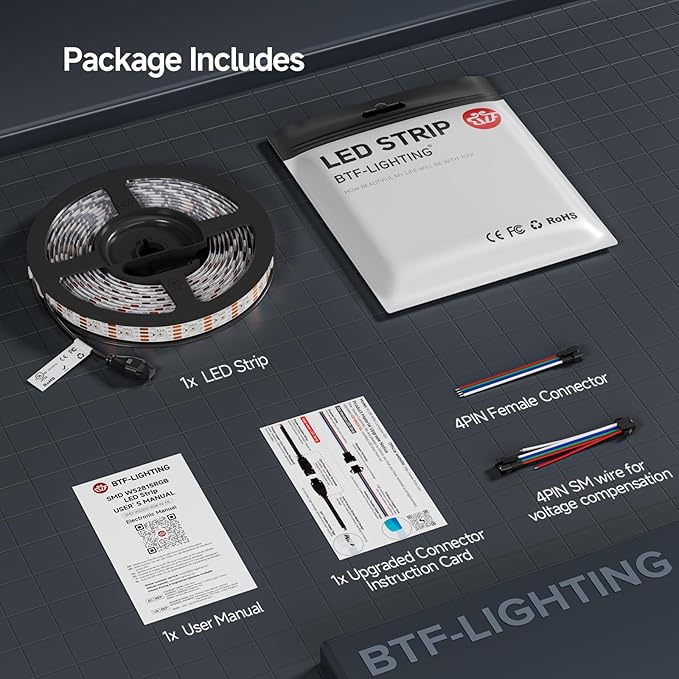 BTF-LIGHTING WS2815 (Upgraded WS2812B) LED Strip Light,UL Listed,16.4FT 300 LED/Pixels,Flexible Chasing RGB,Dual Signal Individually Addressable,5050SMD,3M Tape,DC12V IP30(No Adapter or Controller)