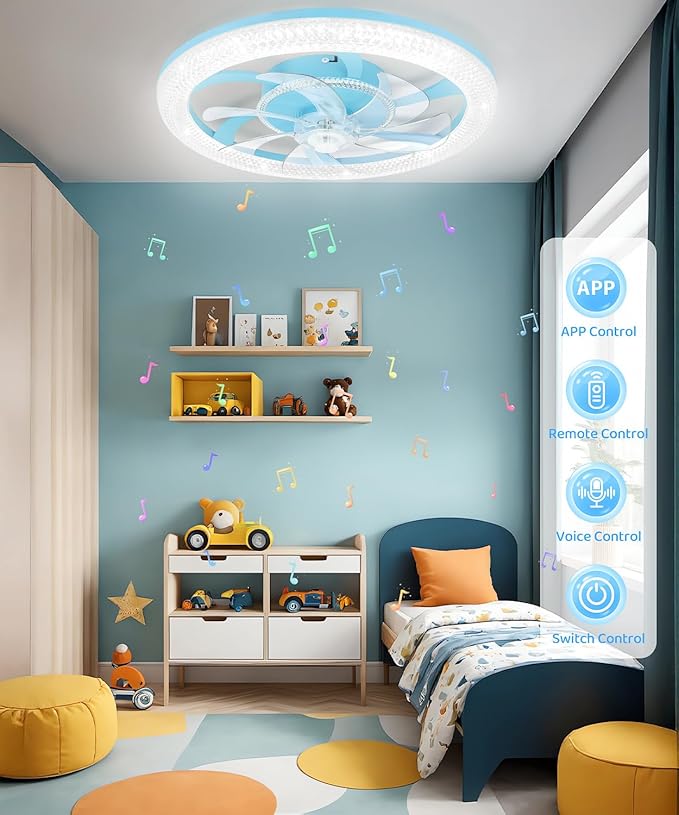 2 in 1 Wifi RGB-LED 20” Ceiling Fans with Lights and Remote, 3000-6500K Dimmable Flush Mount Smart Low Profile Ceiling Fan with Lights, Bluetooth Bladeless Fans with APP, for Bedroom, Blue