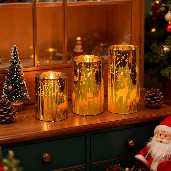 Wondise Christmas Gold Reindeer LED Flameless Candles with Remote Timer, Electroplate Glass Battery Operated Real Wax Flickering 3D Wick Pillar Candles for Christmas Holiday Home Decoration