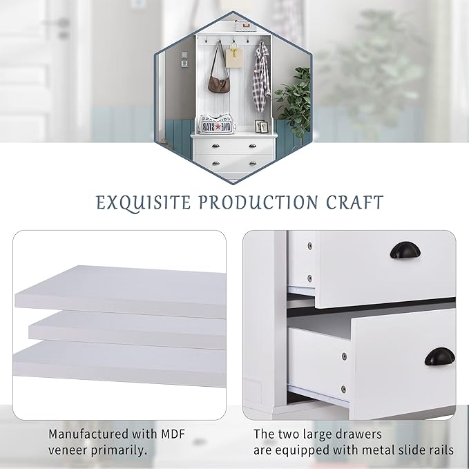 RUNNA Wooden 38.5" Wide Hall Tree with Coat Rack and 2 Large Drawers,Bench,5 Metal Hooks and Handles,For Livingroom Hallway Entryway Use (White@Drawers)