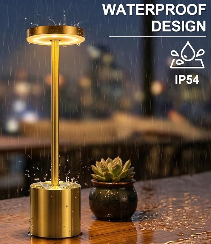 Cordless Table Lamp Set of 2, Gold 5000mAh Rechargeable Battery Operated Lamps, Wireless 3 Color Dimmable Touch Lamp Table Light for Restaurant Dining Patio Outdoor, Home Decor
