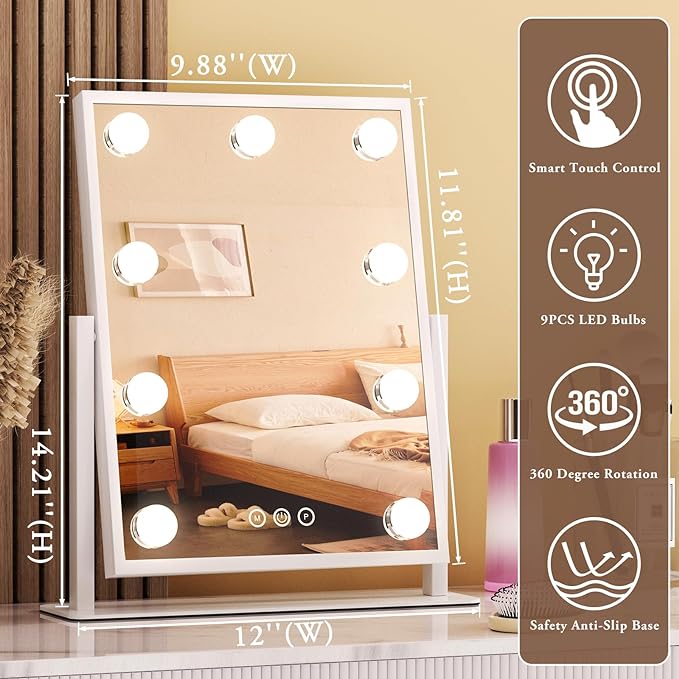 Vanity Mirror with Lights, Lighted Makeup Mirror Hollywood Makeup Mirror with 9 Dimmable Bulbs and 3 Color Lighting Modes, Smart Touch Control, 360°Rotation