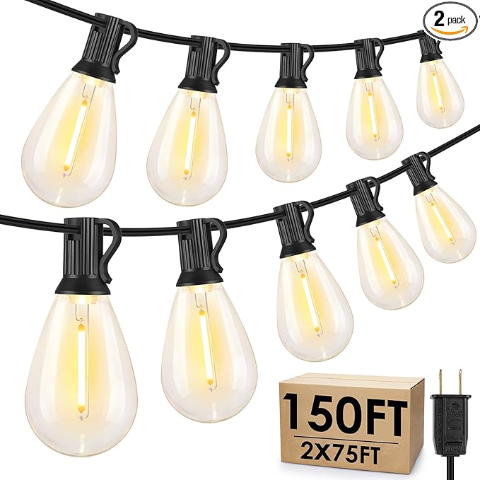 150FT(2x75FT) LED Outdoor String Lights S11 Dimmable Patio Light, with 44+3 Waterproof Shatterproof Edison 2700K Bulbs for Yard Balcony, Black