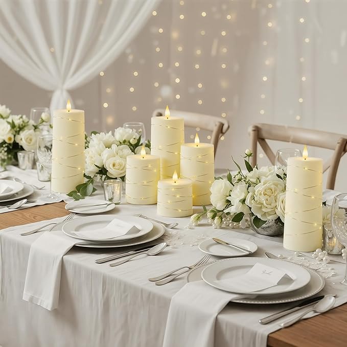 Raycare Flameless Candles with Remote Timer, Flickering Battery Operated LED Pillar Fake Candle with String Lights for Home Decor, Christmas, Wedding and Gift, Ivory, Set of 5