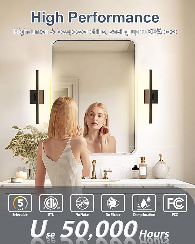 Aosclex 16 Inch Bathroom Lights Over Mirror, Rotatable, 12W 1080LM 5CCT Adjustable (2700K–6000K), Dimmable LED Bathroom Light Fixtures, IP44 Waterproof Black Modern Vanity Lights, ETL Certificated