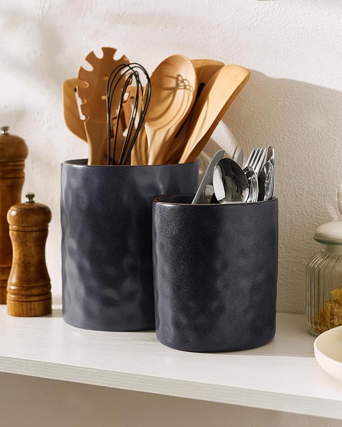 famiware Ocean Utensil Holder, 7.2"+5.8" Ceramic Kitchen Utensil Holder for Countertop, 2 Pieces Cooking Utensil Crocks, Utensil Organizer for Spatula & Spoon, Kitchen, Set of 2, Matte Dark Charcoal