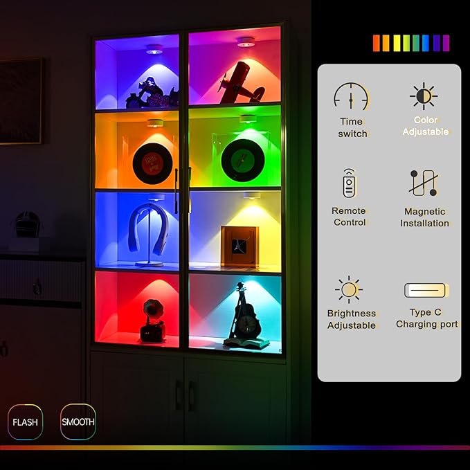 3 Pack Puck Lights LED RGB Dimmable Under Cabinet Lighting with Remote, Battery Operated Magnetic Recessed Lights for Kitchen Closet, Warm, Daylight,Cool White+RGB
