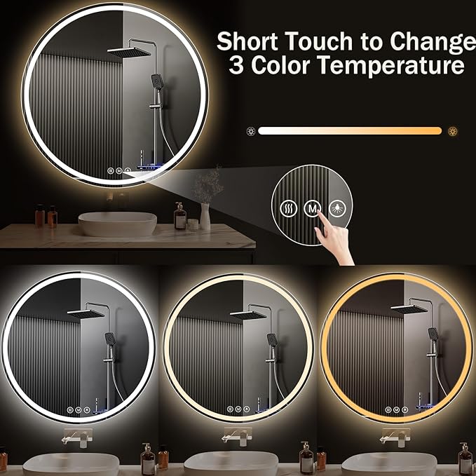 LED Bathroom Mirror 48 Inch Round Bathroom Mirror with Lights, Circle LED Mirror, Wall Mounted Lighted Bathroom with 3 Colors Brightness, Anti-Fog, Dimmable, Shatter-Proof