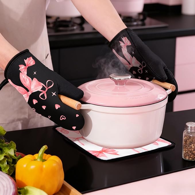 8 Pcs Cute Pink Bow Kitchen Towels and Dishcloths Sets Oven Mitts Pot Holders Set Valentines Day Absorbent Decor Accessories Gloves Potholders Heat Resistant for Chef Baking Cooking Home Gifts