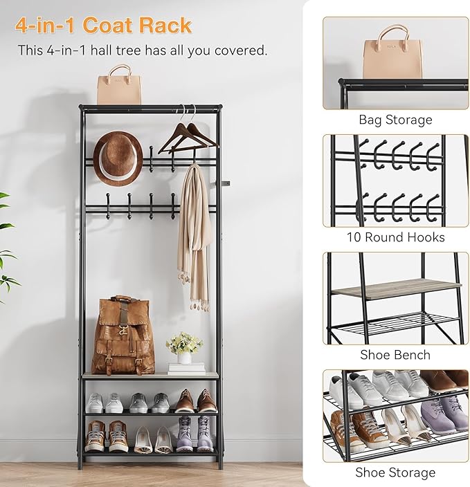 OUTLANE Entryway Hall Tree with 10 Hooks, Shoe Bench & Storage Shelf, Coat Rack Organizer with Wood Accents and Metal Frame for Entryway, Living Room, Bedroom, Gray-Double row